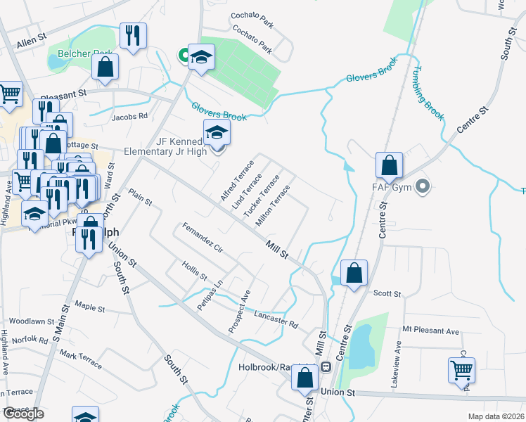 map of restaurants, bars, coffee shops, grocery stores, and more near 10 Milton Terrace in Randolph