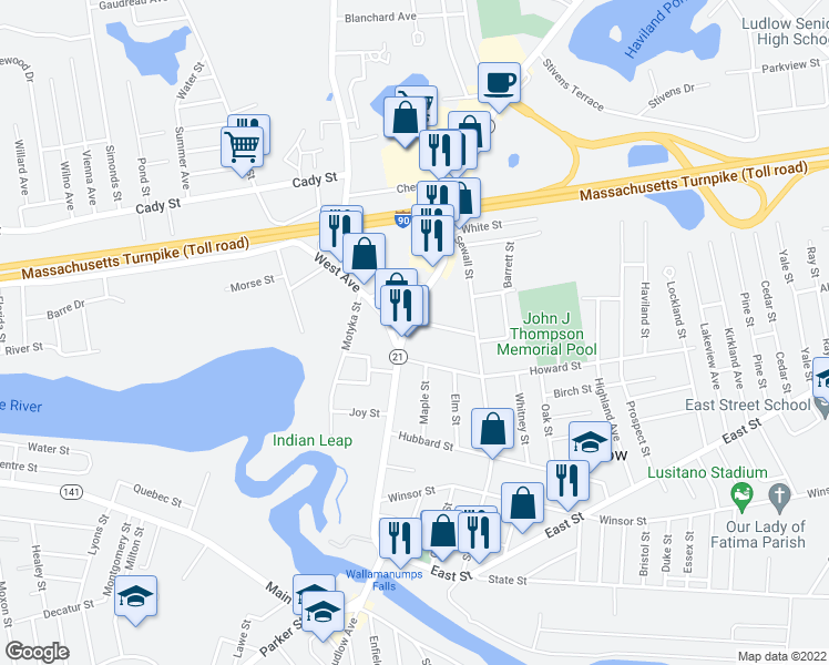 map of restaurants, bars, coffee shops, grocery stores, and more near 228 Center Street in Ludlow