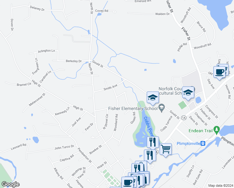 map of restaurants, bars, coffee shops, grocery stores, and more near 4 Woodard Road in Walpole