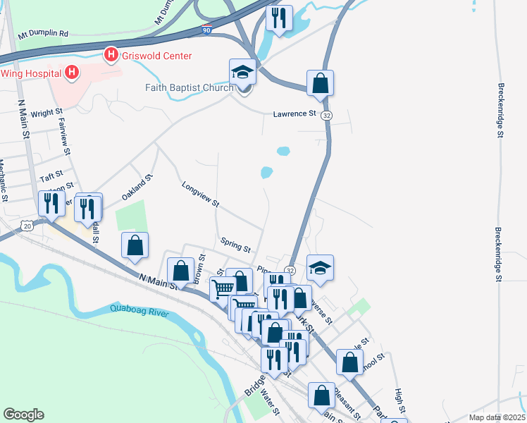 map of restaurants, bars, coffee shops, grocery stores, and more near 76 Squier Street in Palmer