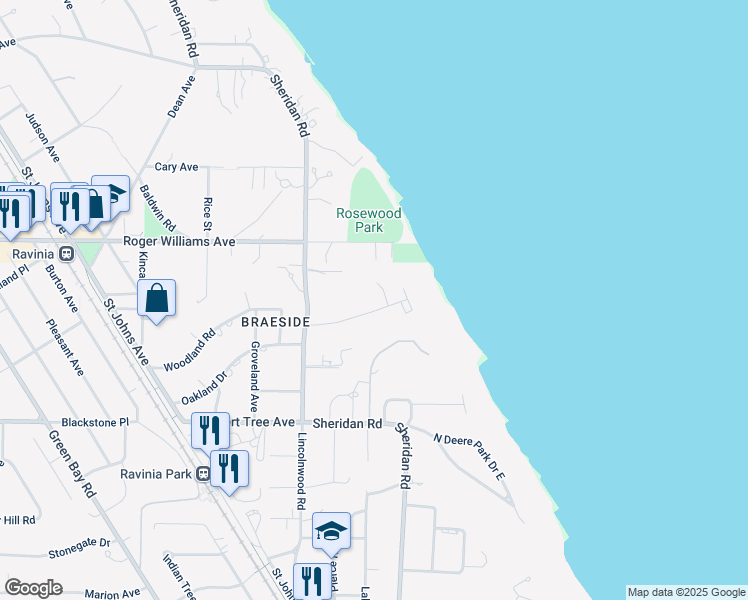 map of restaurants, bars, coffee shops, grocery stores, and more near 77 Lakewood Place in Highland Park
