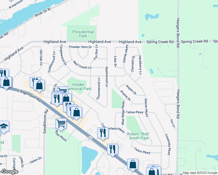 map of restaurants, bars, coffee shops, grocery stores, and more near 1000 Applewood Lane in Algonquin