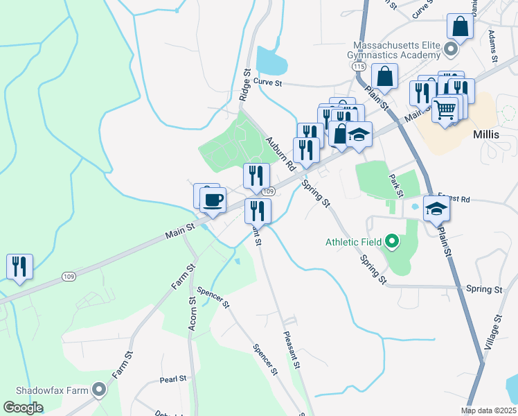 map of restaurants, bars, coffee shops, grocery stores, and more near 1064 Main Street in Millis