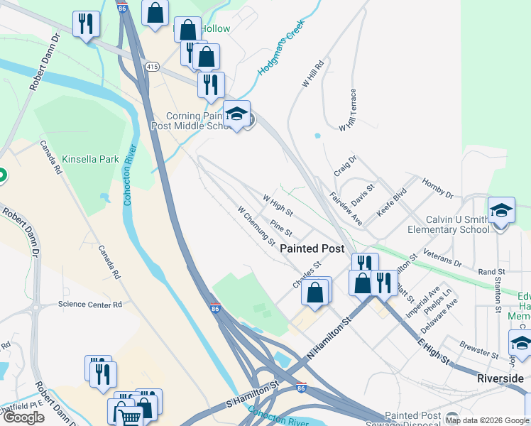 map of restaurants, bars, coffee shops, grocery stores, and more near 464 Pine Street in Painted Post