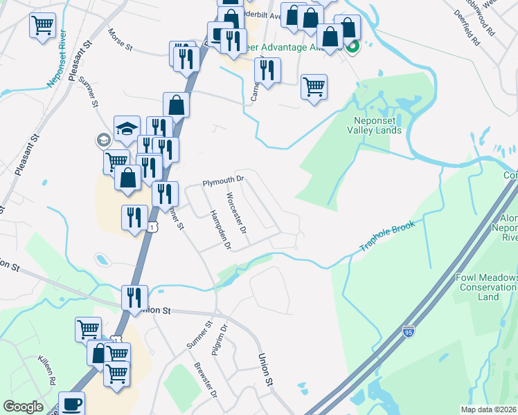 map of restaurants, bars, coffee shops, grocery stores, and more near 111 Plymouth Drive in Norwood