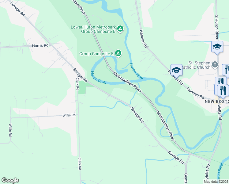 map of restaurants, bars, coffee shops, grocery stores, and more near 19176 Savage Road in Belleville
