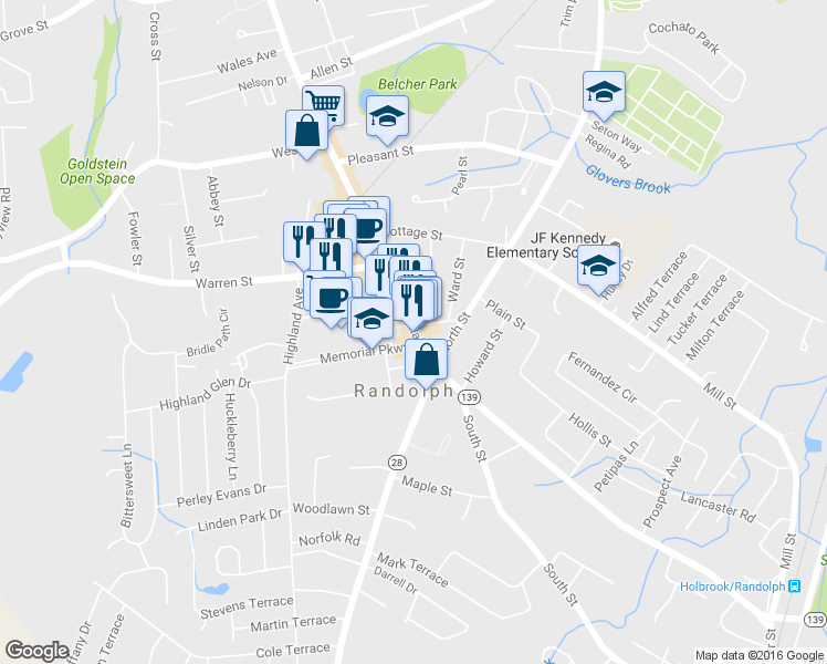map of restaurants, bars, coffee shops, grocery stores, and more near 60 North Main Street in Randolph