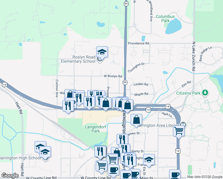 map of restaurants, bars, coffee shops, grocery stores, and more near 704 Prospect Avenue in Barrington