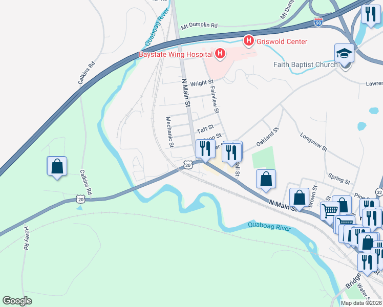 map of restaurants, bars, coffee shops, grocery stores, and more near 6 Shearer Street in Palmer