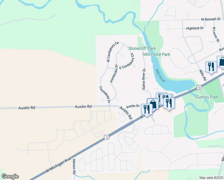 map of restaurants, bars, coffee shops, grocery stores, and more near 355 Pembroke Drive in Saline