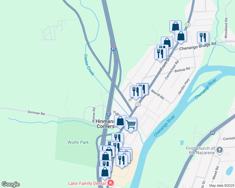 map of restaurants, bars, coffee shops, grocery stores, and more near 101 Castle Creek Road in Binghamton