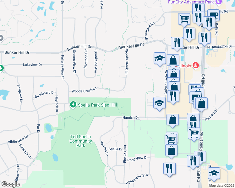 map of restaurants, bars, coffee shops, grocery stores, and more near 3015 Woods Creek Lane in Algonquin