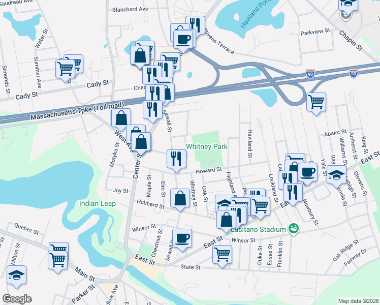 map of restaurants, bars, coffee shops, grocery stores, and more near 37 Philip Street in Ludlow