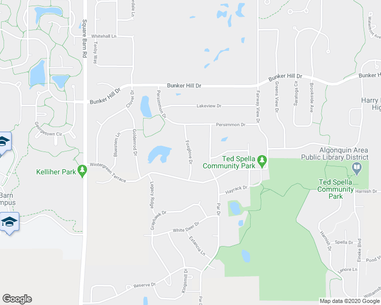 map of restaurants, bars, coffee shops, grocery stores, and more near 810 Foxglove Drive in Algonquin