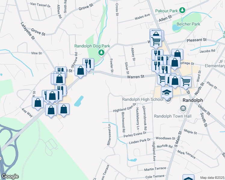 map of restaurants, bars, coffee shops, grocery stores, and more near 164 Bittersweet Lane in Randolph