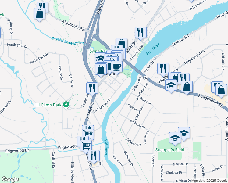 map of restaurants, bars, coffee shops, grocery stores, and more near 405 La Fox River Drive in Algonquin