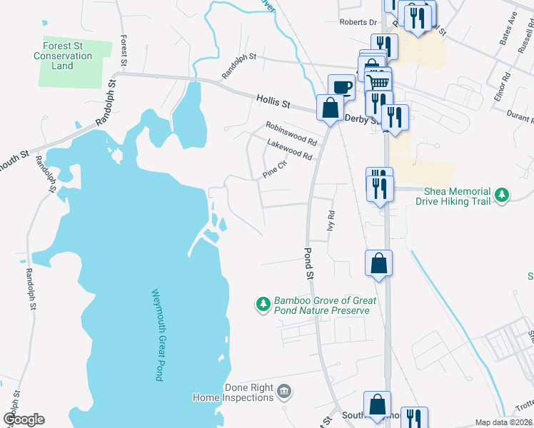 map of restaurants, bars, coffee shops, grocery stores, and more near 56 Great Pond Road in Weymouth