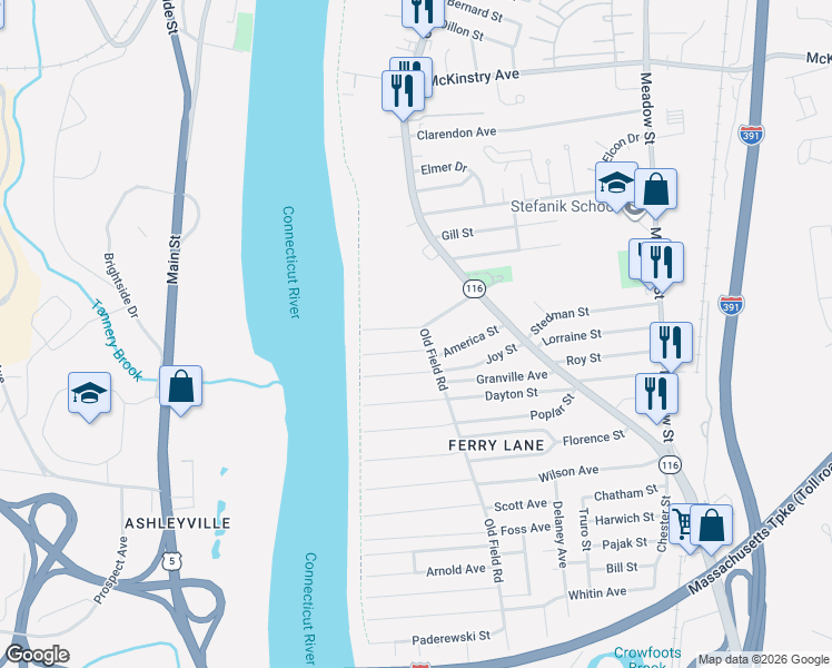 map of restaurants, bars, coffee shops, grocery stores, and more near 28 Liberty Street in Chicopee