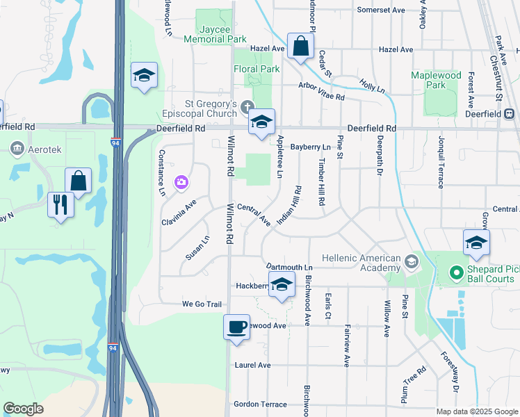 map of restaurants, bars, coffee shops, grocery stores, and more near 1520 Central Avenue in Deerfield
