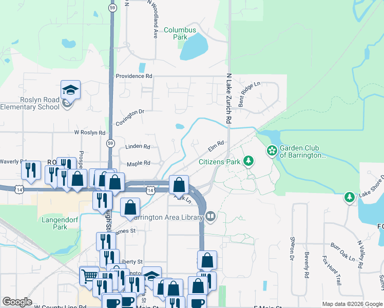 map of restaurants, bars, coffee shops, grocery stores, and more near 506 Elm Road in Barrington