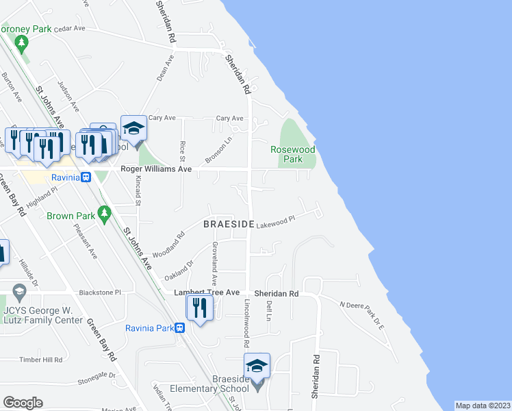 map of restaurants, bars, coffee shops, grocery stores, and more near 625 Sheridan Road in Highland Park