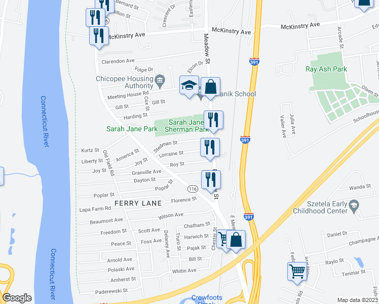 map of restaurants, bars, coffee shops, grocery stores, and more near 83 Lorraine Street in Chicopee