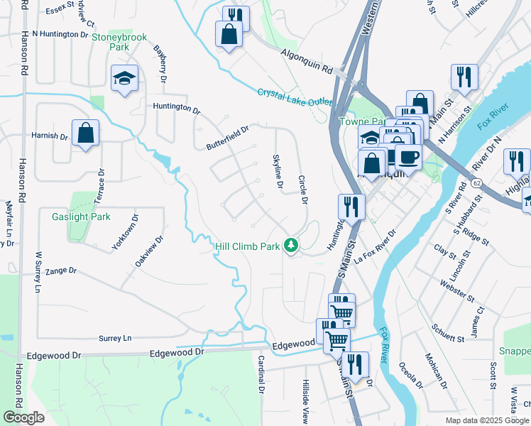 map of restaurants, bars, coffee shops, grocery stores, and more near 2 Huntington Drive in Algonquin