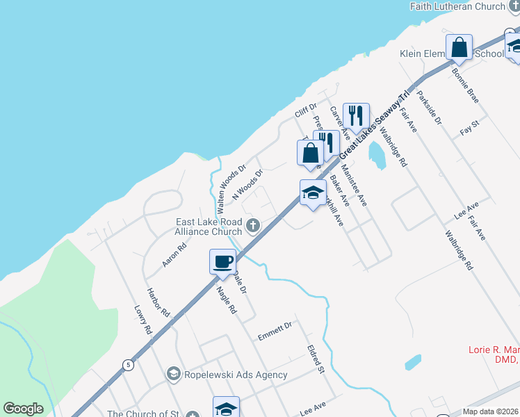 map of restaurants, bars, coffee shops, grocery stores, and more near 4600 East Lake Road in Erie