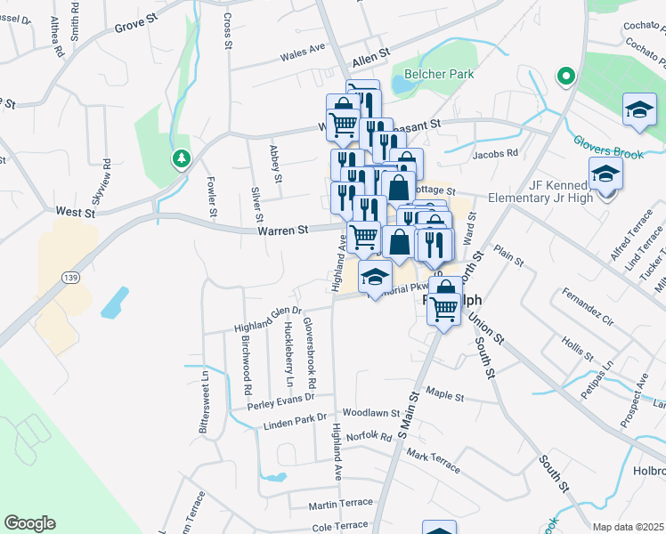 map of restaurants, bars, coffee shops, grocery stores, and more near 43 Highland Avenue in Randolph