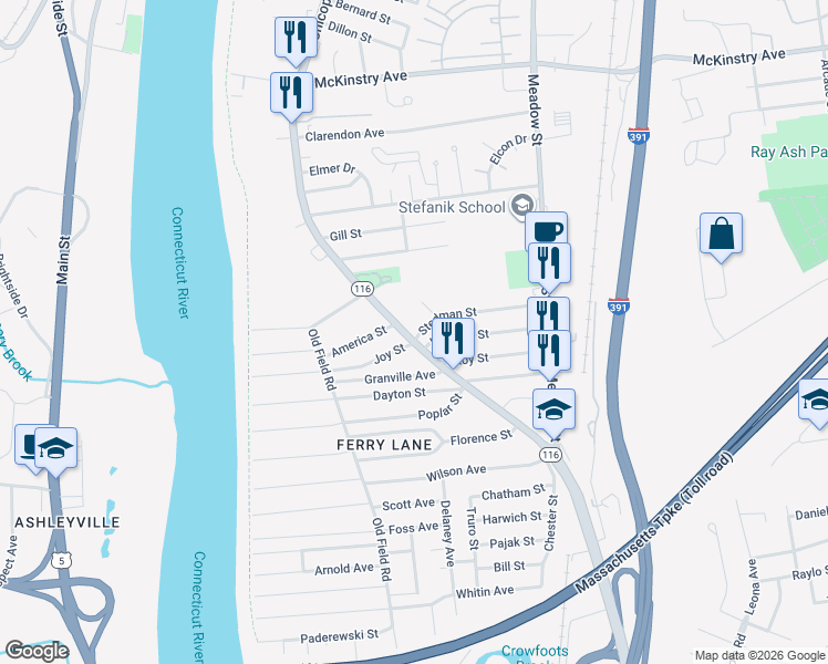 map of restaurants, bars, coffee shops, grocery stores, and more near 24 Joy Street in Chicopee