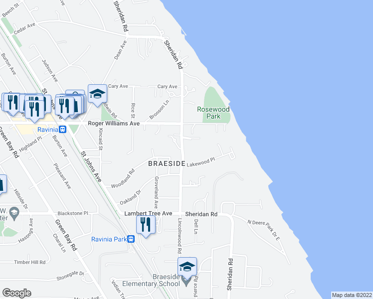 map of restaurants, bars, coffee shops, grocery stores, and more near 625 Sheridan Road in Highland Park