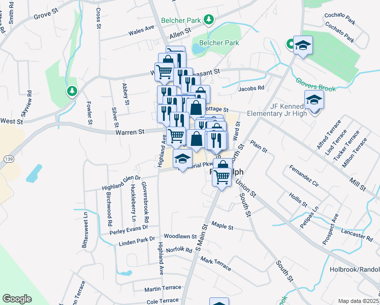 map of restaurants, bars, coffee shops, grocery stores, and more near 199 Memorial Parkway in Randolph