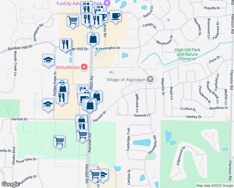 map of restaurants, bars, coffee shops, grocery stores, and more near 2408 Dawson Lane in Algonquin