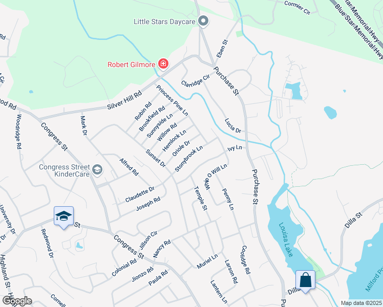 map of restaurants, bars, coffee shops, grocery stores, and more near 12 Stoney Brook Lane in Milford