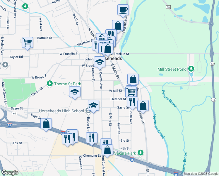 map of restaurants, bars, coffee shops, grocery stores, and more near 207 West Mill Street in Horseheads