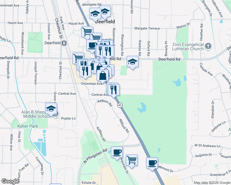 map of restaurants, bars, coffee shops, grocery stores, and more near 605 Waukegan Road in Deerfield