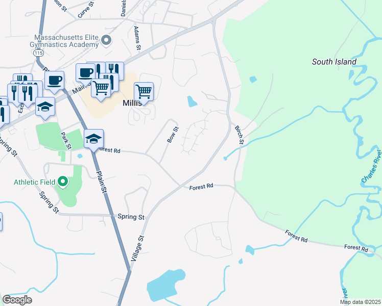 map of restaurants, bars, coffee shops, grocery stores, and more near 25 Heritage Path in Millis