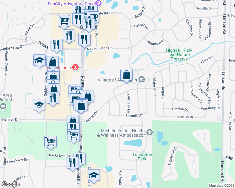 map of restaurants, bars, coffee shops, grocery stores, and more near 2325 Dawson Lane in Algonquin