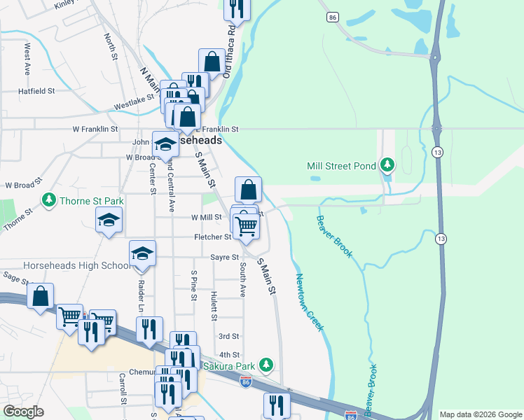 map of restaurants, bars, coffee shops, grocery stores, and more near 127 East Mill Street in Horseheads