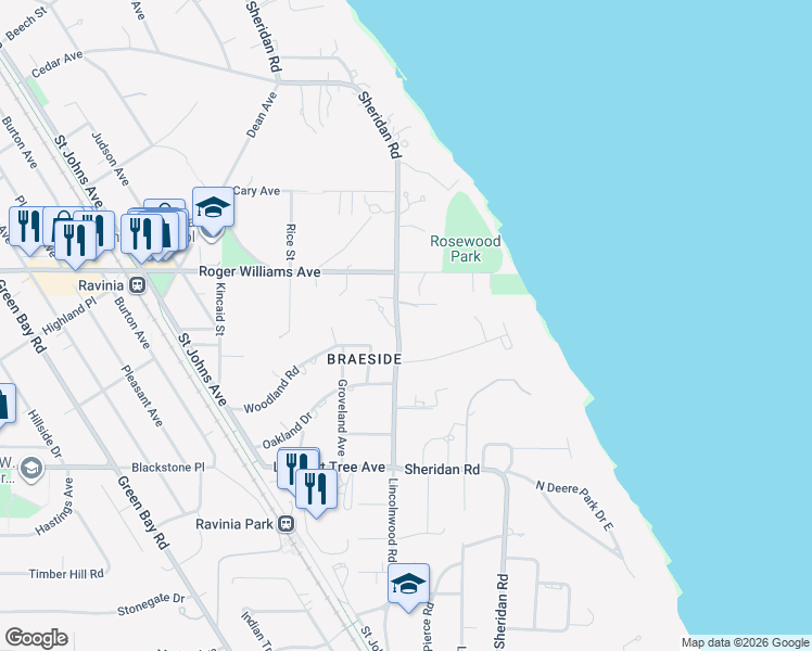 map of restaurants, bars, coffee shops, grocery stores, and more near 625 Sheridan Road in Highland Park