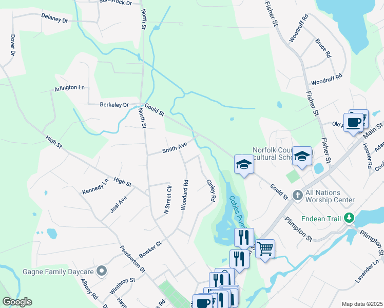 map of restaurants, bars, coffee shops, grocery stores, and more near 4 Woodard Road in Walpole