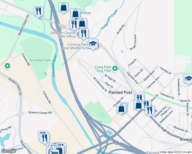 map of restaurants, bars, coffee shops, grocery stores, and more near 514 West Chemung Street in Painted Post