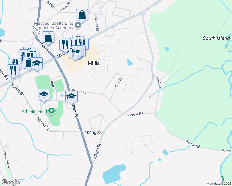 map of restaurants, bars, coffee shops, grocery stores, and more near 54 Bow Street in Millis