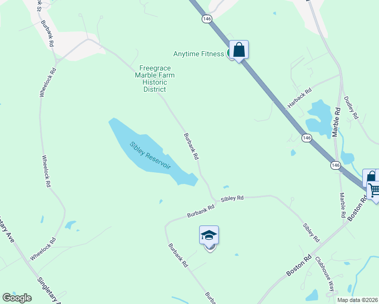 map of restaurants, bars, coffee shops, grocery stores, and more near 103 Burbank Road in Sutton