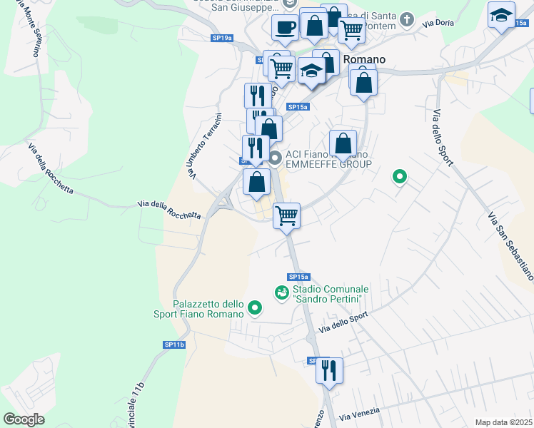 map of restaurants, bars, coffee shops, grocery stores, and more near 69 Via Guido Rossa in Città metropolitana di Roma Capitale