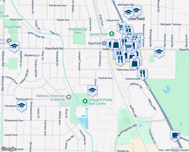 map of restaurants, bars, coffee shops, grocery stores, and more near 940 Central Avenue in Deerfield