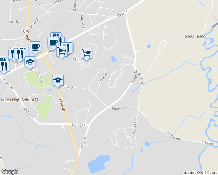 map of restaurants, bars, coffee shops, grocery stores, and more near 25 Heritage Path in Millis