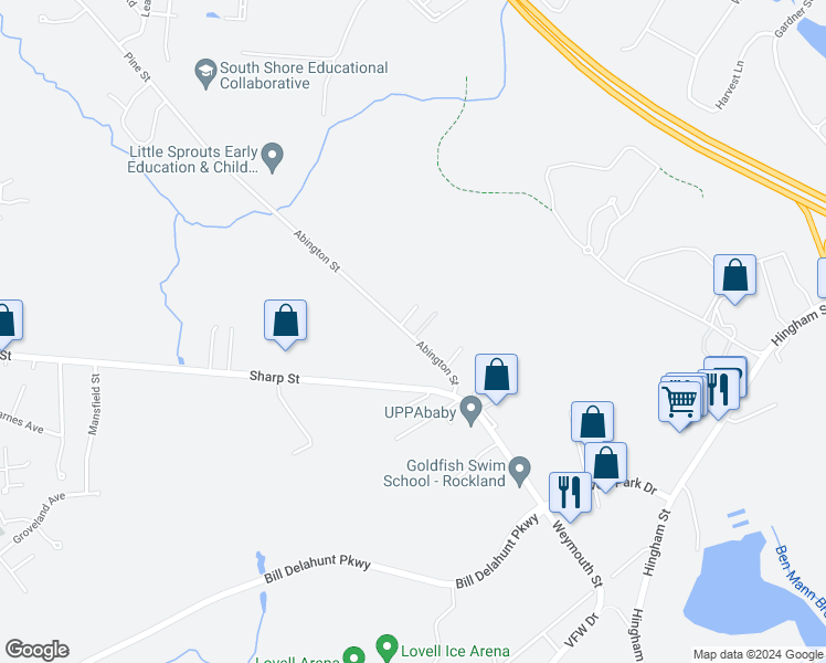 map of restaurants, bars, coffee shops, grocery stores, and more near 11 Abington Street in Hingham