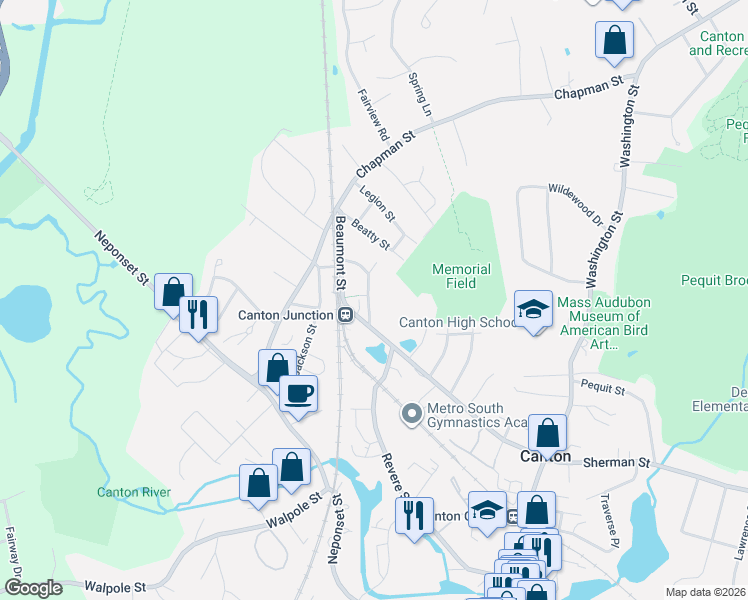 map of restaurants, bars, coffee shops, grocery stores, and more near 3 Evergreen Circle in Canton