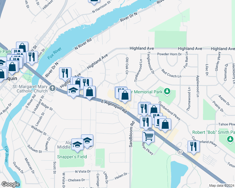 map of restaurants, bars, coffee shops, grocery stores, and more near 1208 East Algonquin Road in Algonquin